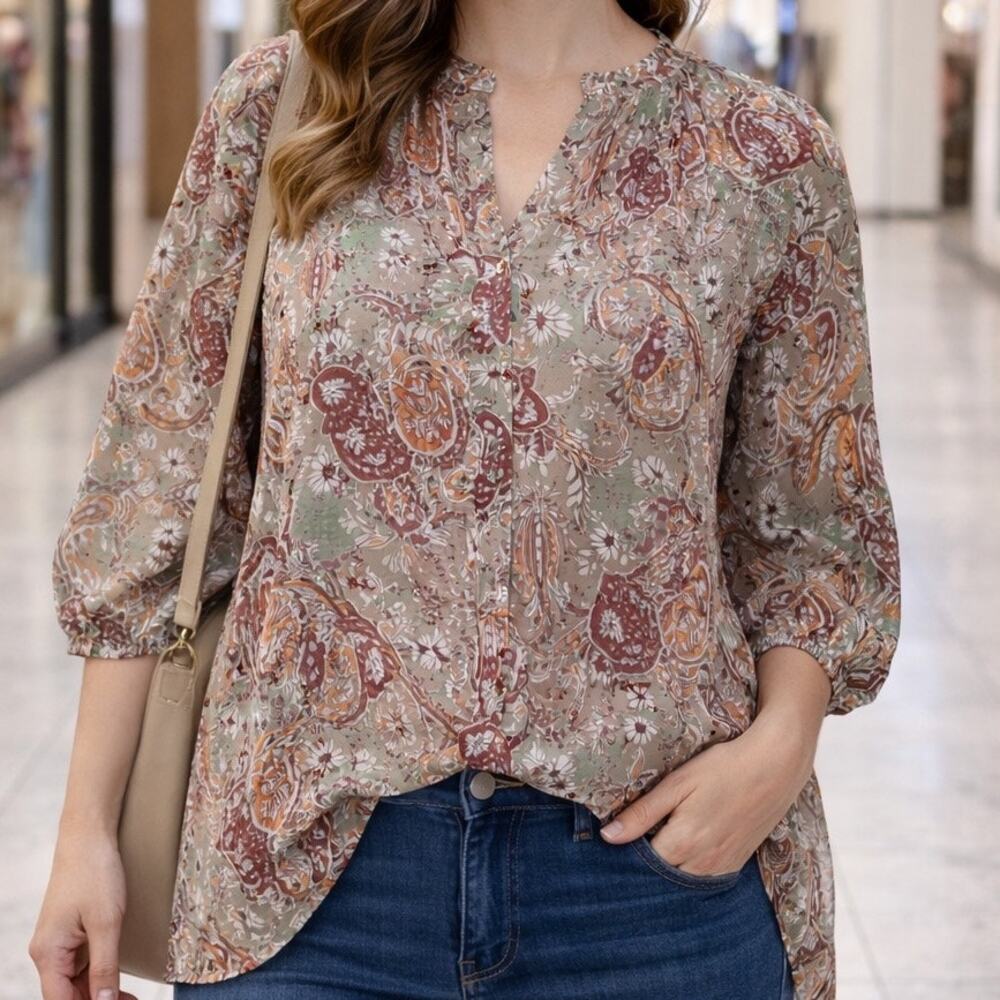 MNG Mango Sz 4 Paisley 100% Cotton Floral Boho Peasant Oversized Blouse Top $70